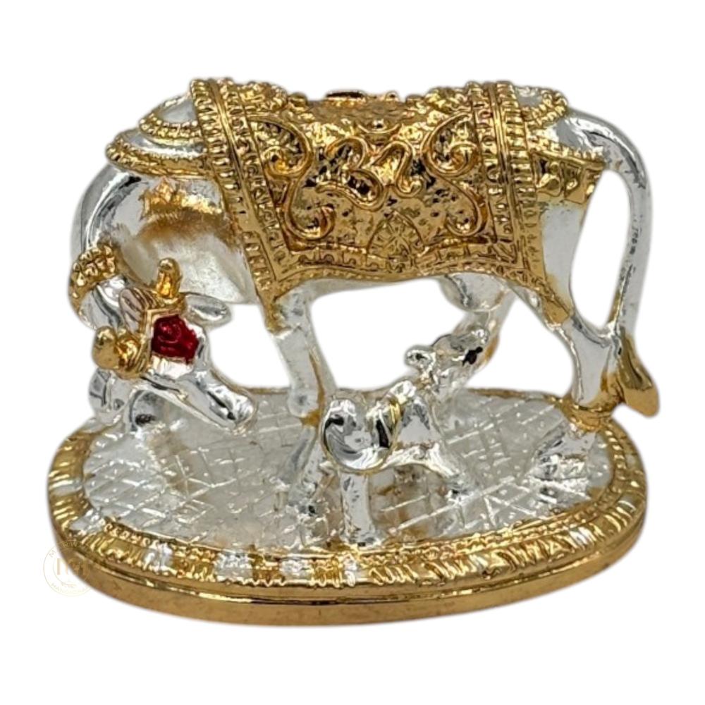 Premium Silver Plated Kamdhenu Cow with Calf Statue for Home Temple, Pooja & Gifting