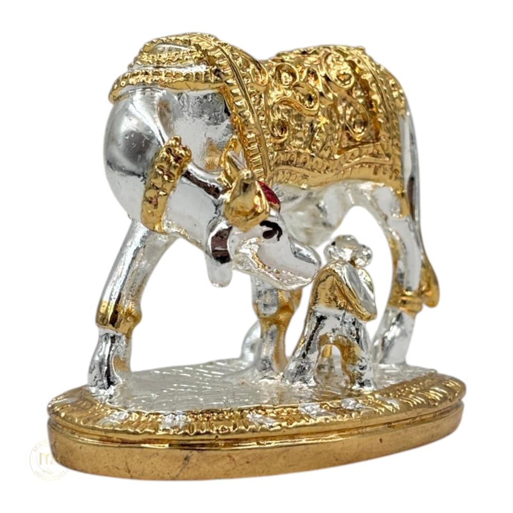 Premium Silver Plated Kamdhenu Cow with Calf Statue for Home Temple, Pooja & Gifting