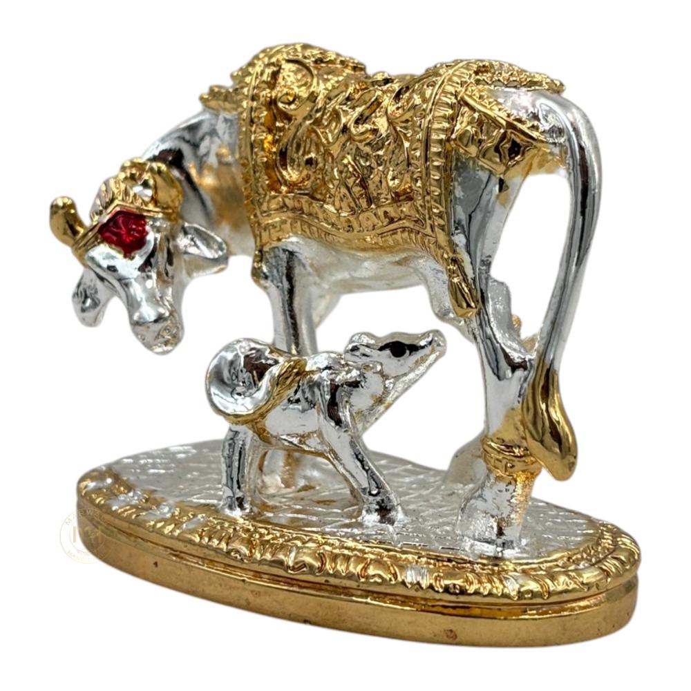 Premium Silver Plated Kamdhenu Cow with Calf Statue for Home Temple, Pooja & Gifting