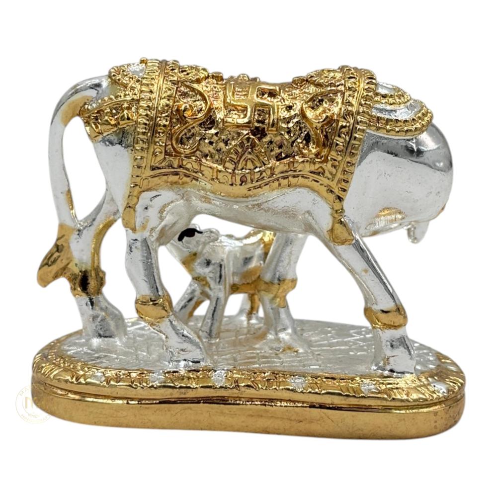 Premium Silver Plated Kamdhenu Cow with Calf Statue for Home Temple, Pooja & Gifting