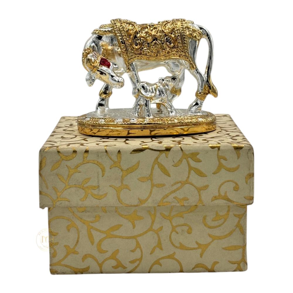 Premium Silver Plated Kamdhenu Cow with Calf Statue for Home Temple, Pooja & Gifting