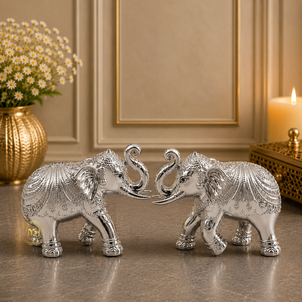 Premium Silver Plated Elephant Pair Statue for Home Decor, Vastu, Pooja & Gifting