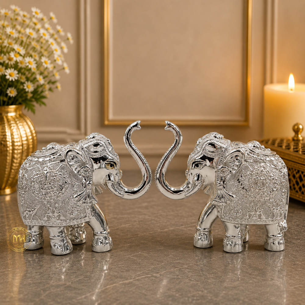 Premium Silver Plated Elephant Pair Statue for Home Decor, Vastu, Pooja & Gifting