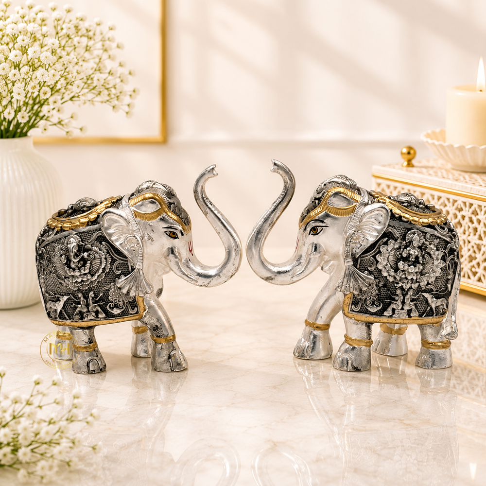 Premium Antique Silver Plated Elephant Pair Statue for Home Decor, Vastu, Pooja & Gifting