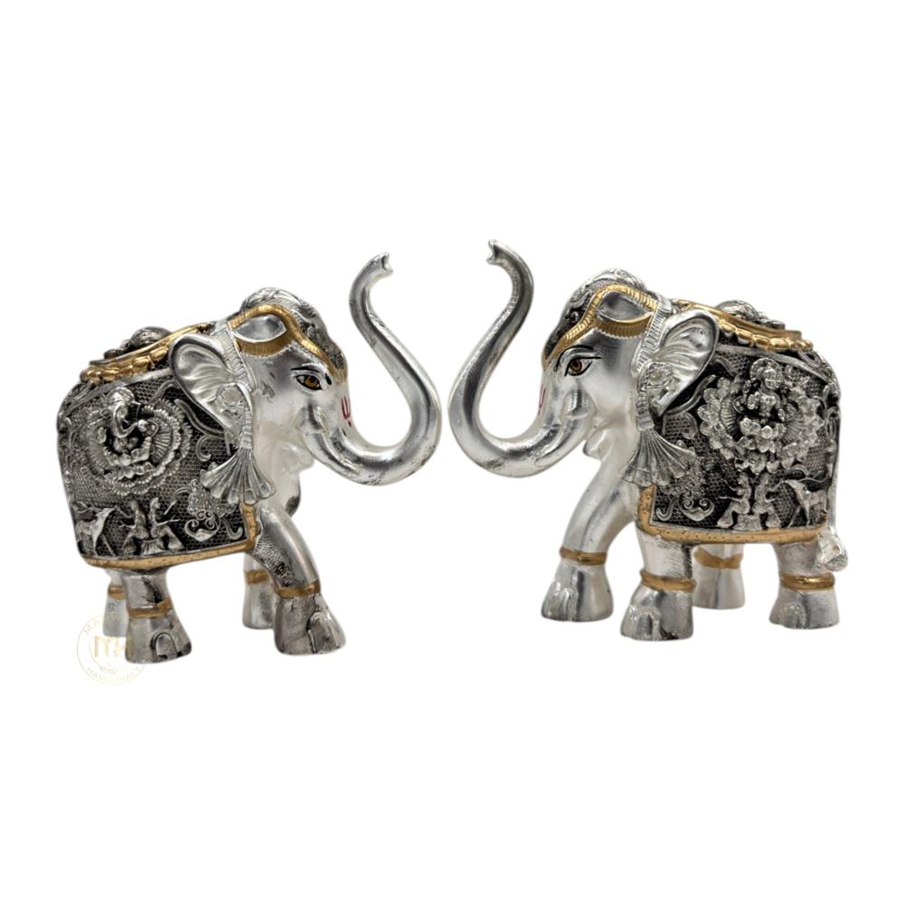 Premium Antique Silver Plated Elephant Pair Statue for Home Decor, Vastu, Pooja & Gifting