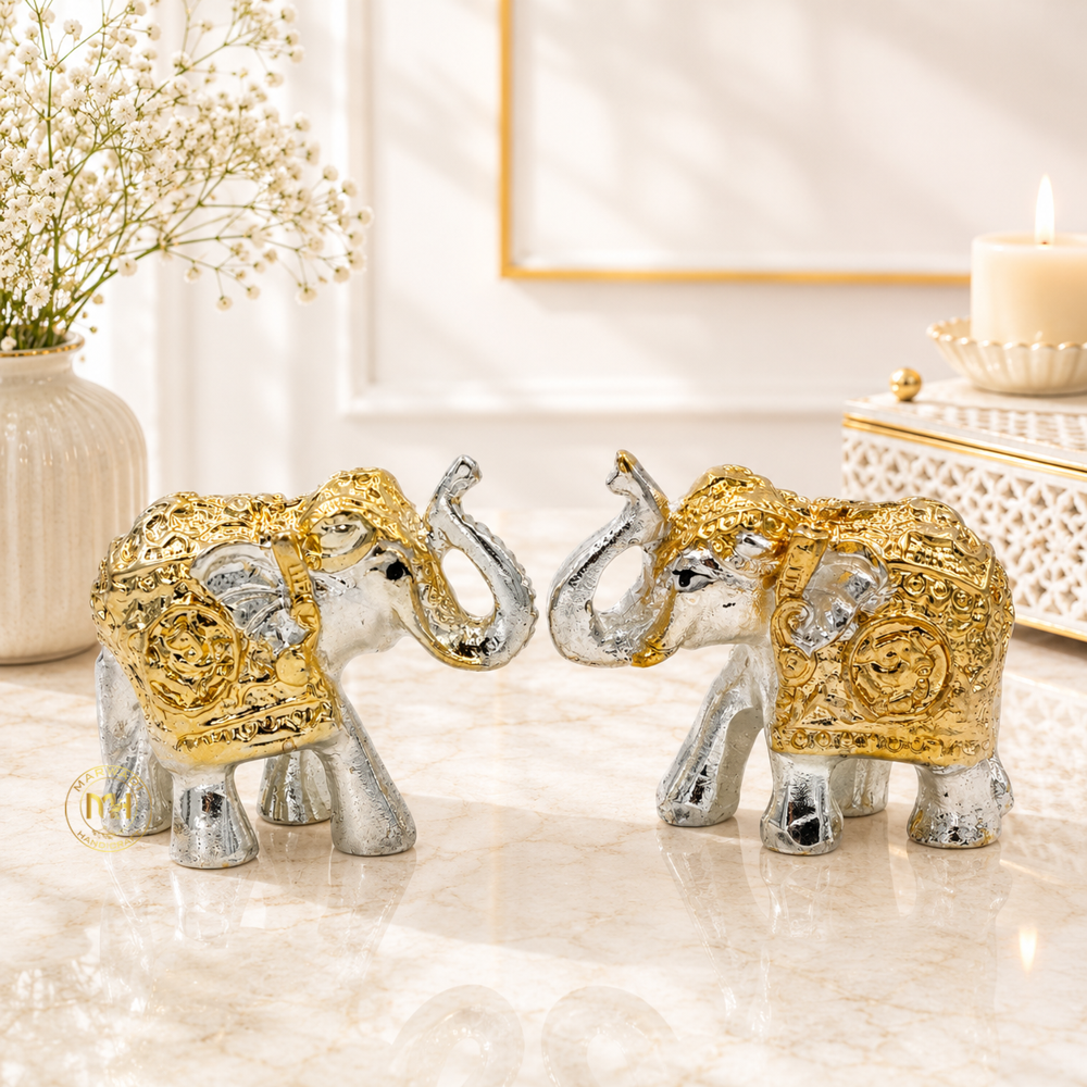 Premium Silver Gold Plated Elephant Pair Statue for Home Decor Vastu Pooja & Gifting