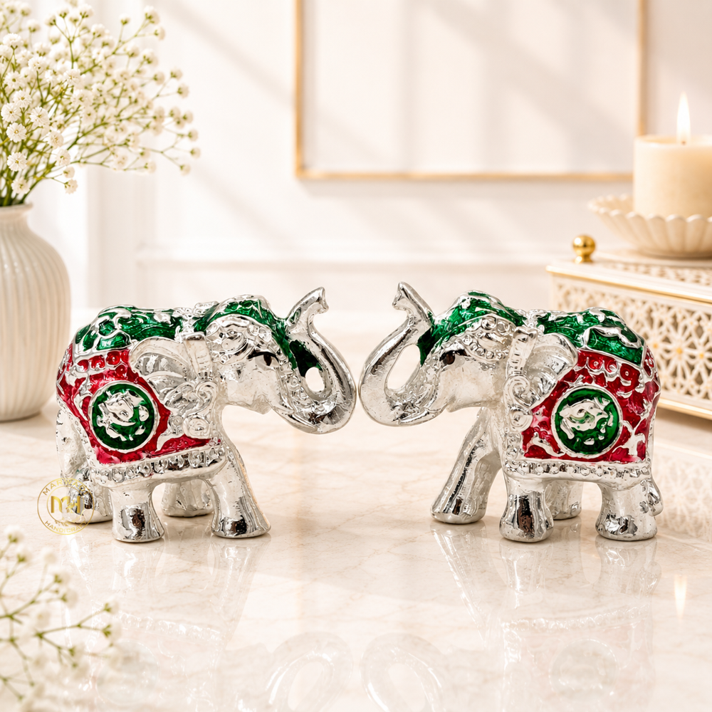 Premium Silver Plated with meena Elephant Pair Statue for Home Decor, Vastu, Pooja & Gifting