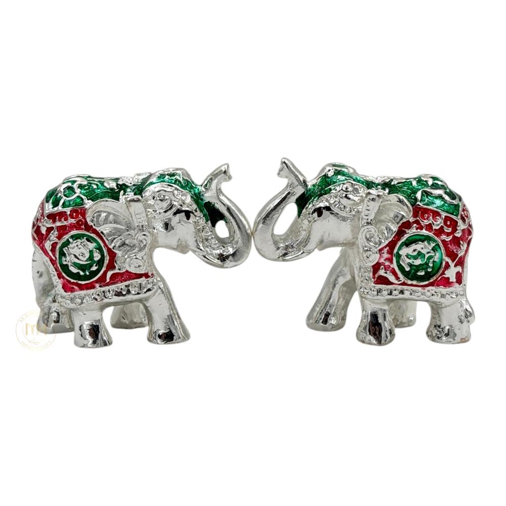 Premium Silver Plated with meena Elephant Pair Statue for Home Decor, Vastu, Pooja & Gifting