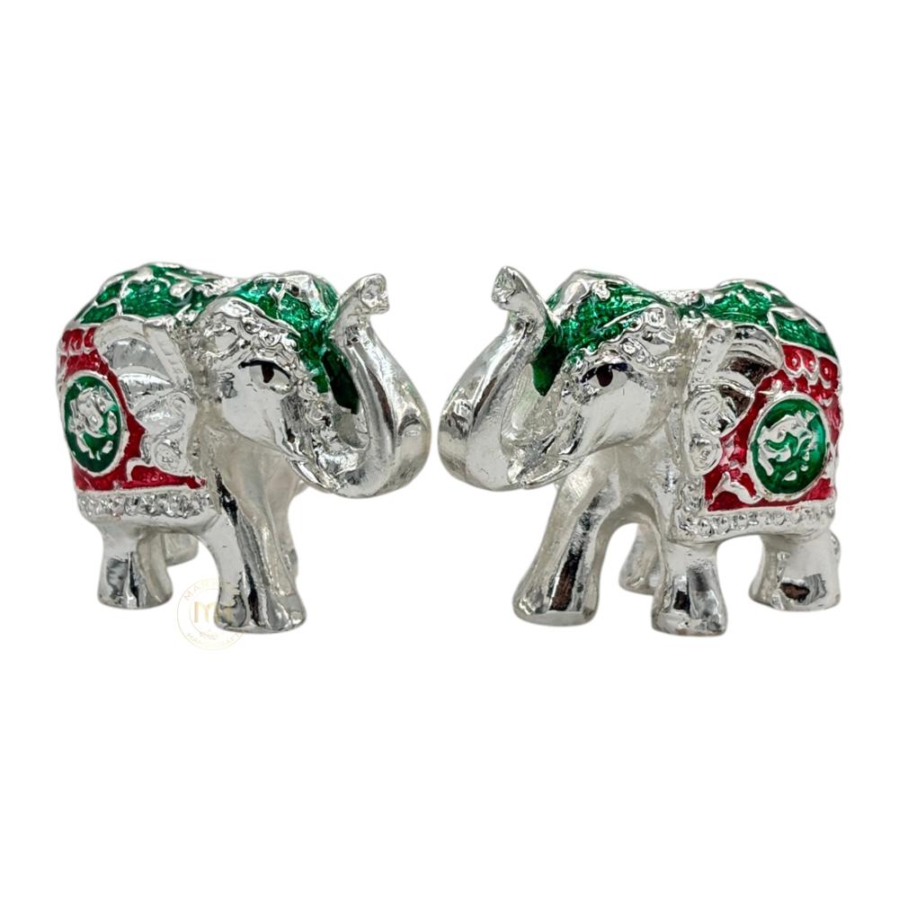 Premium Silver Plated with meena Elephant Pair Statue for Home Decor, Vastu, Pooja & Gifting
