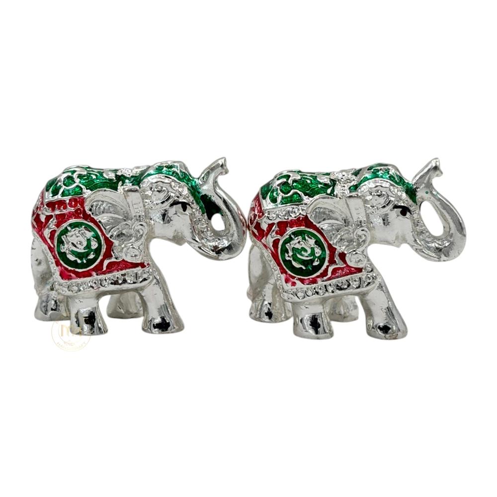 Premium Silver Plated with meena Elephant Pair Statue for Home Decor, Vastu, Pooja & Gifting