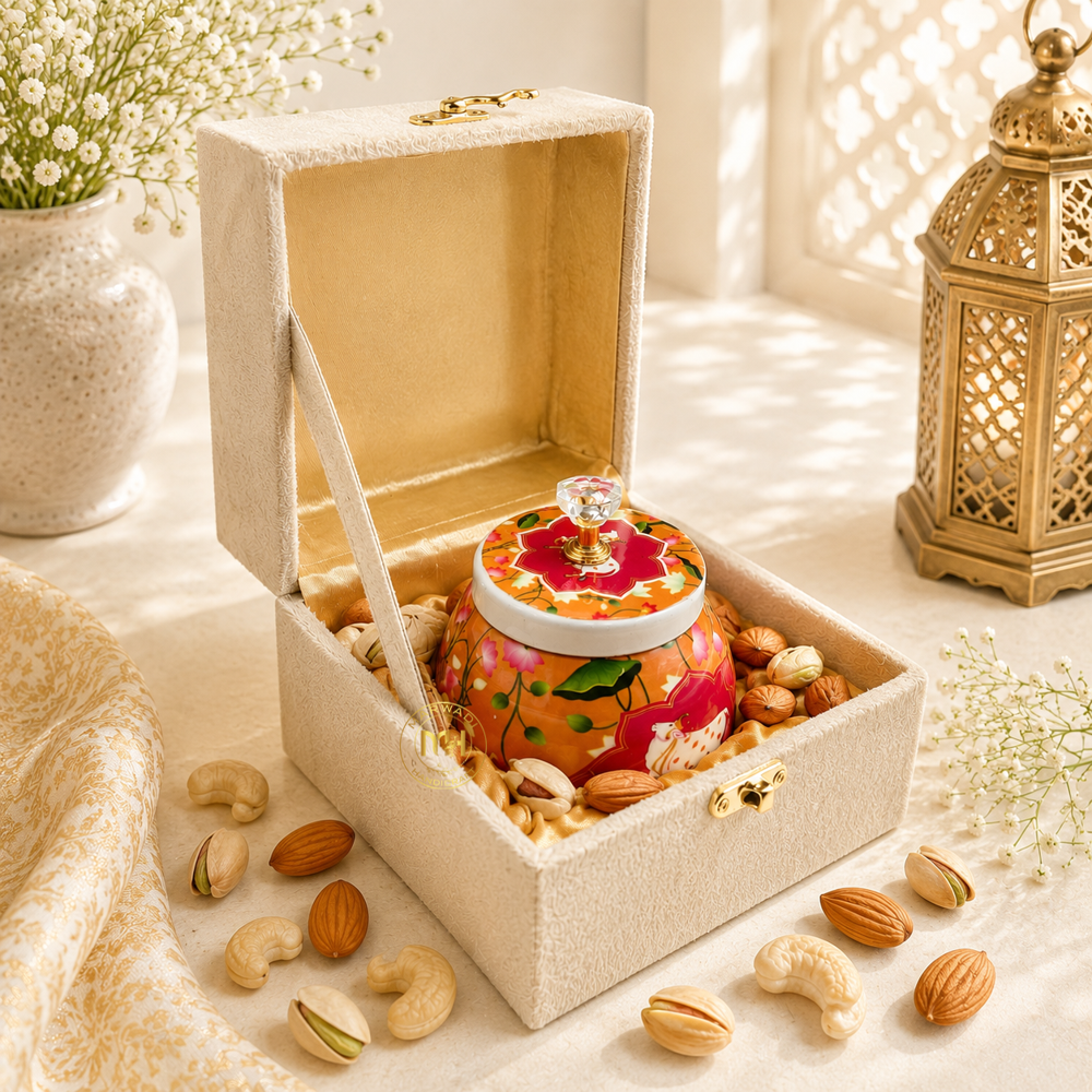 Premium Pichwai Decorative Dry Fruit & Mukhwas Jar with Gift Velvet Box for Home Decor & Gifting