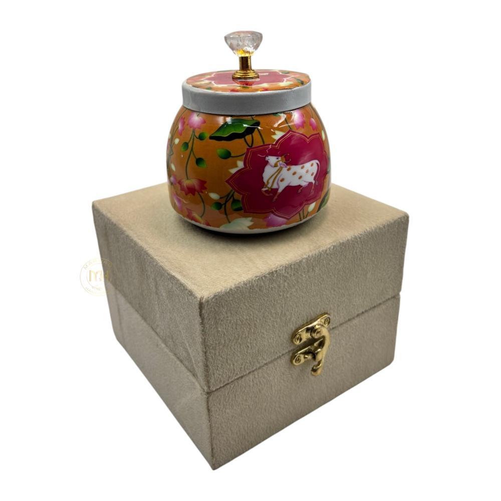 Premium Pichwai Decorative Dry Fruit & Mukhwas Jar with Gift Velvet Box for Home Decor & Gifting