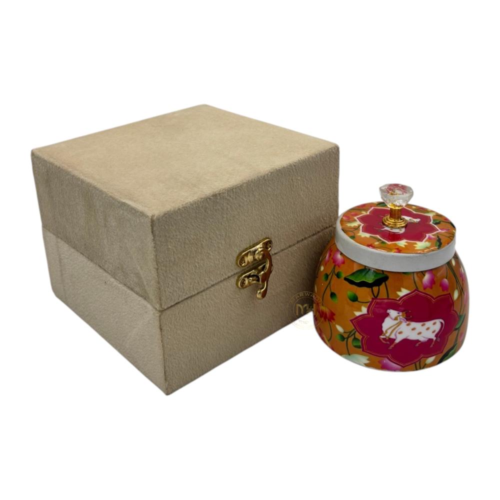 Premium Pichwai Decorative Dry Fruit & Mukhwas Jar with Gift Velvet Box for Home Decor & Gifting