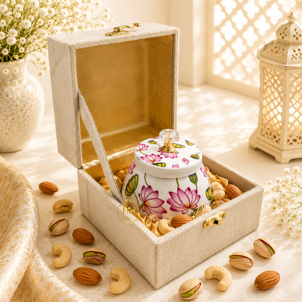 Premium Pichwai Decorative Dry Fruit & Mukhwas Jar with Gift Velvet Box for Home Decor & Gifting