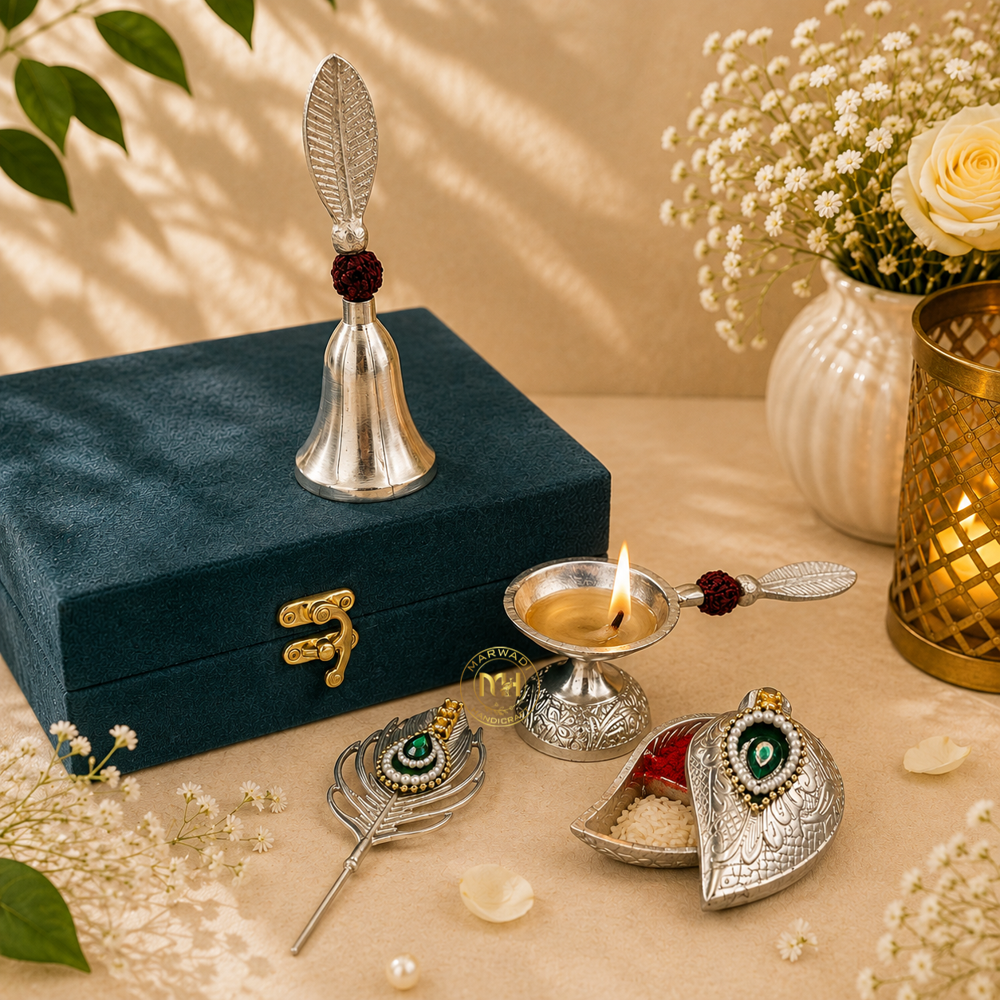 Silver-plated Bell Diya Tilak Chopda with Stick and velvet box for pooja and gifting
