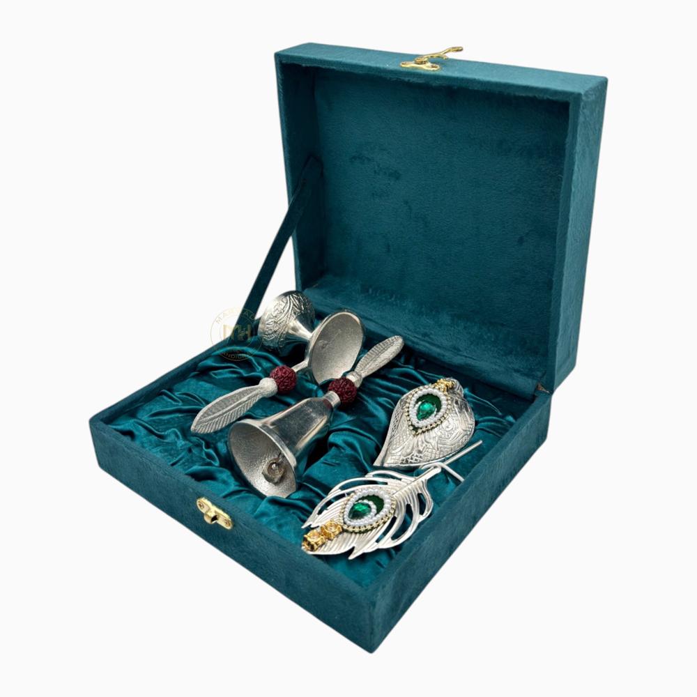 Silver-plated Bell Diya Tilak Chopda with Stick and velvet box for pooja and gifting