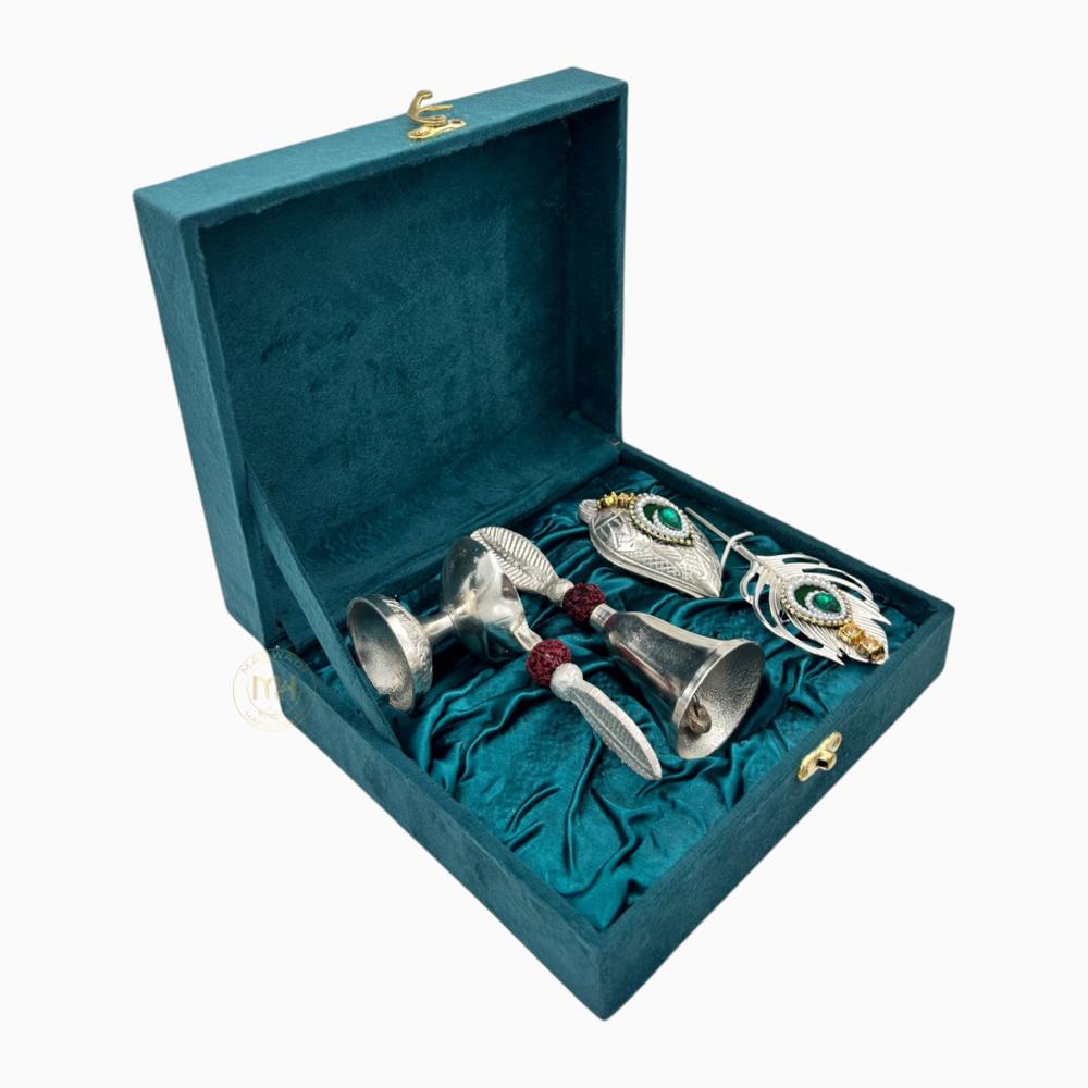 Silver-plated Bell Diya Tilak Chopda with Stick and velvet box for pooja and gifting