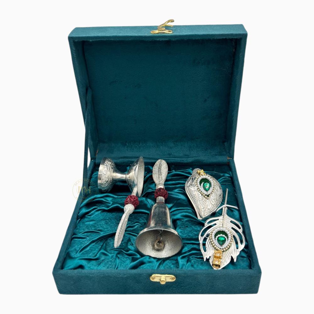 Silver-plated Bell Diya Tilak Chopda with Stick and velvet box for pooja and gifting