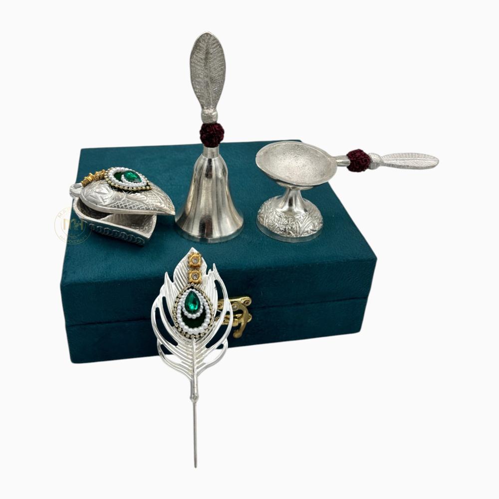 Silver-plated Bell Diya Tilak Chopda with Stick and velvet box for pooja and gifting