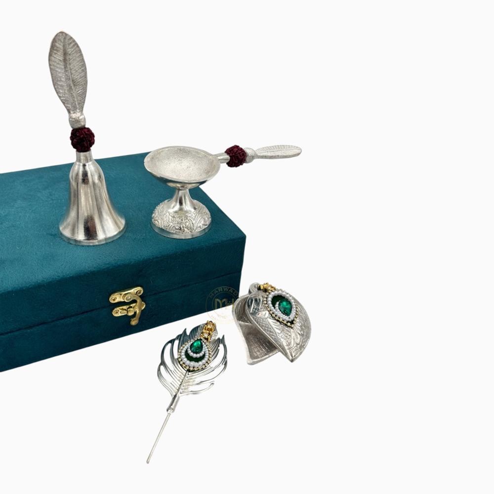 Silver-plated Bell Diya Tilak Chopda with Stick and velvet box for pooja and gifting