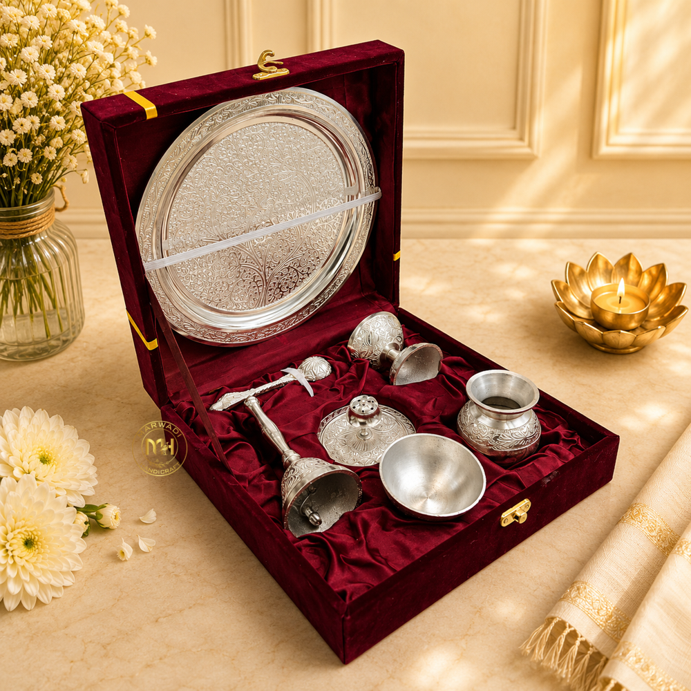 Silver-plated pooja thali set with Gift velvet box for pooja decoration and gifting