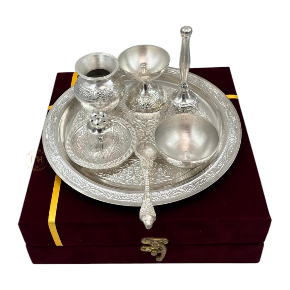 Silver-plated pooja thali set with Gift velvet box for pooja decoration and gifting