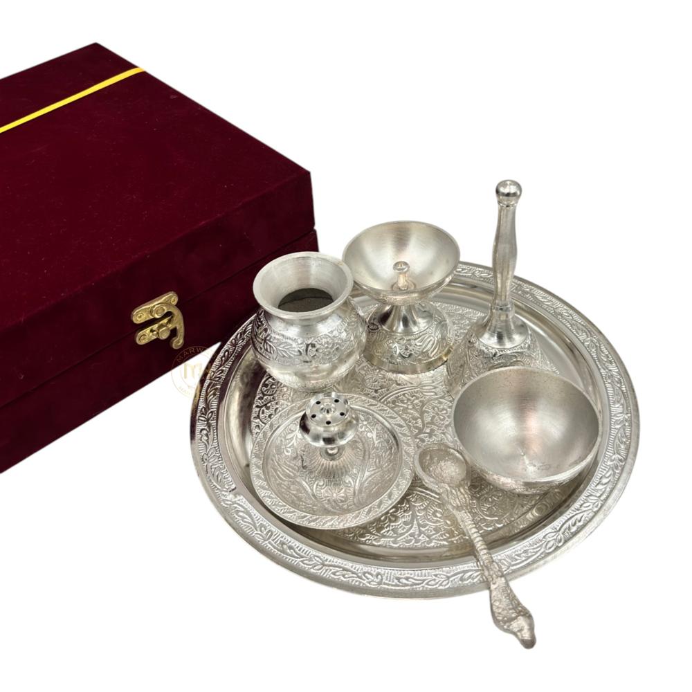 Silver-plated pooja thali set with Gift velvet box for pooja decoration and gifting