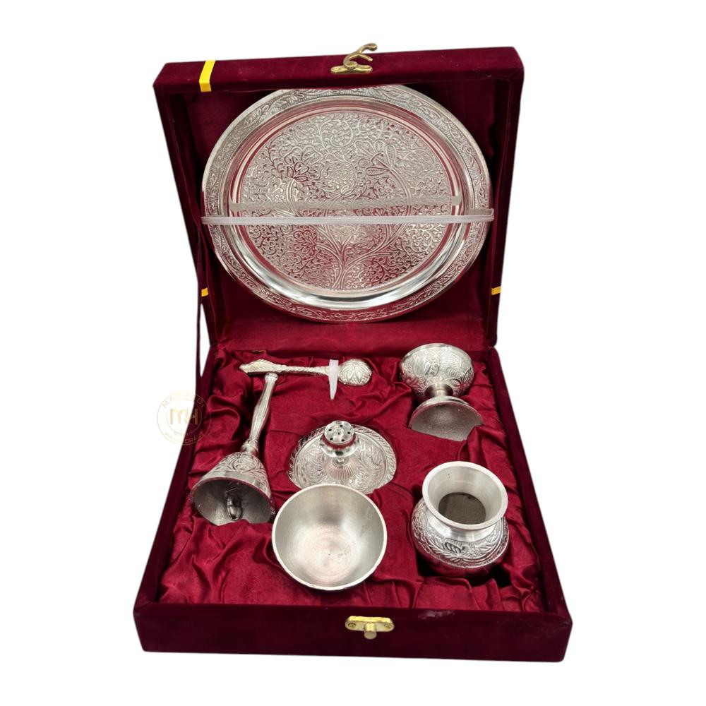 Silver-plated pooja thali set with Gift velvet box for pooja decoration and gifting