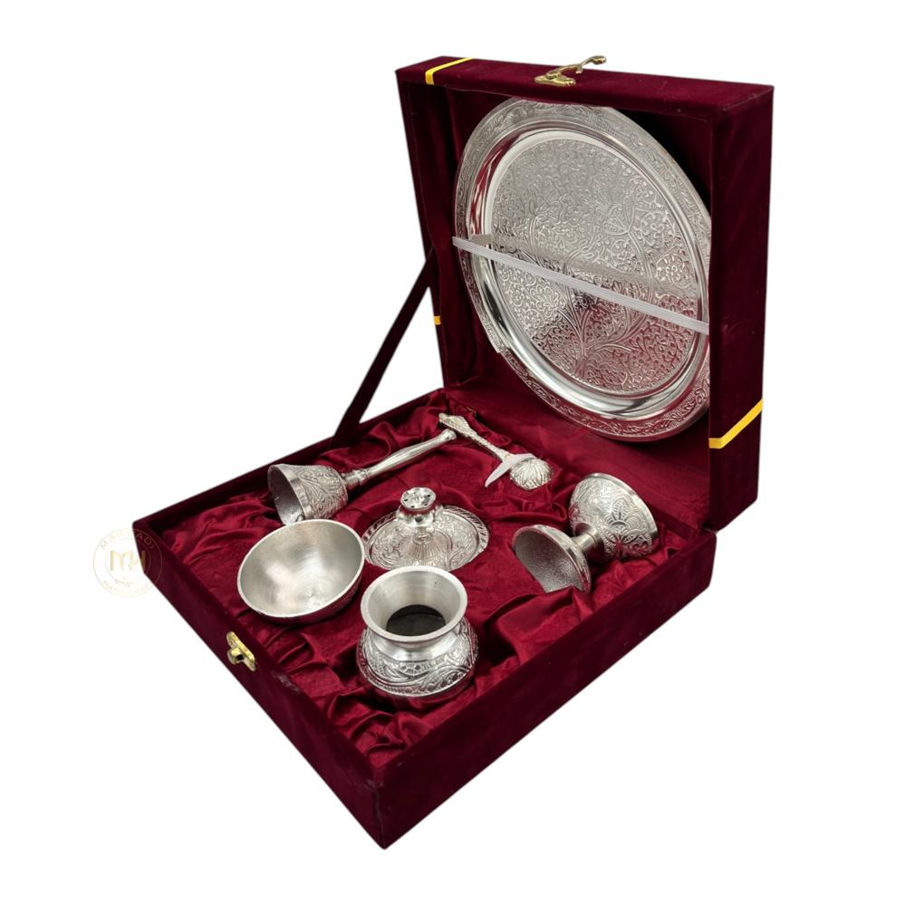 Silver-plated pooja thali set with Gift velvet box for pooja decoration and gifting