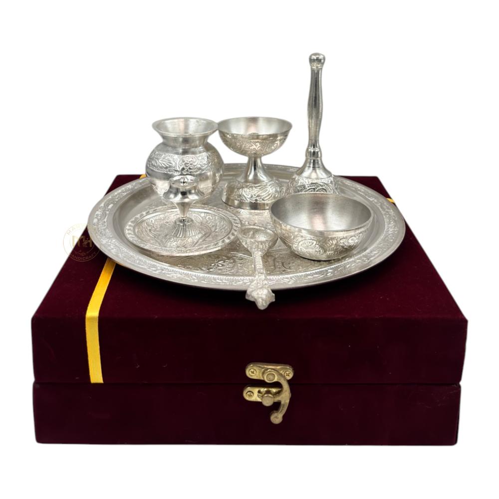 Silver-plated pooja thali set with Gift velvet box for pooja decoration and gifting