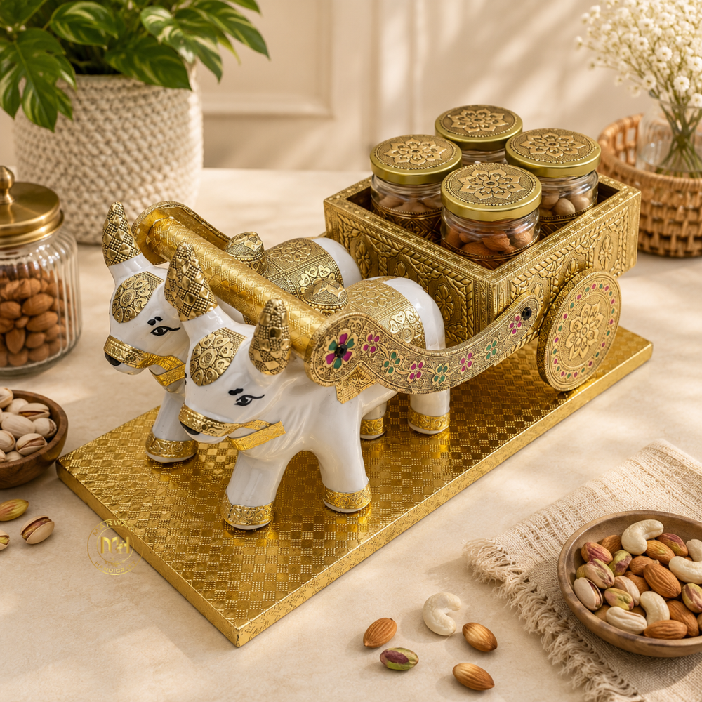 Traditional Rajasthani Handcrafted Nandi Bull Cart with 2 Dry Fruit Jars, for Gifting & Home Decor