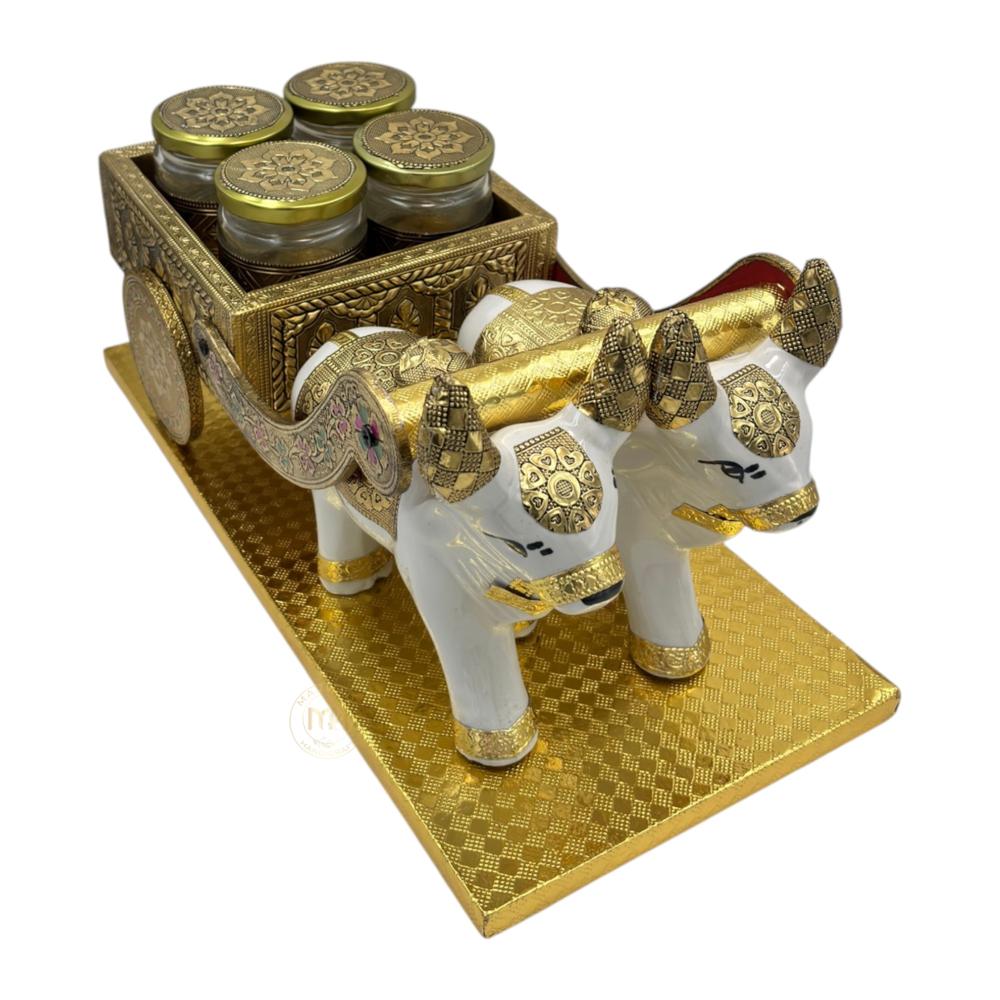 Traditional Rajasthani Handcrafted Nandi Bull Cart with 2 Dry Fruit Jars, for Gifting & Home Decor