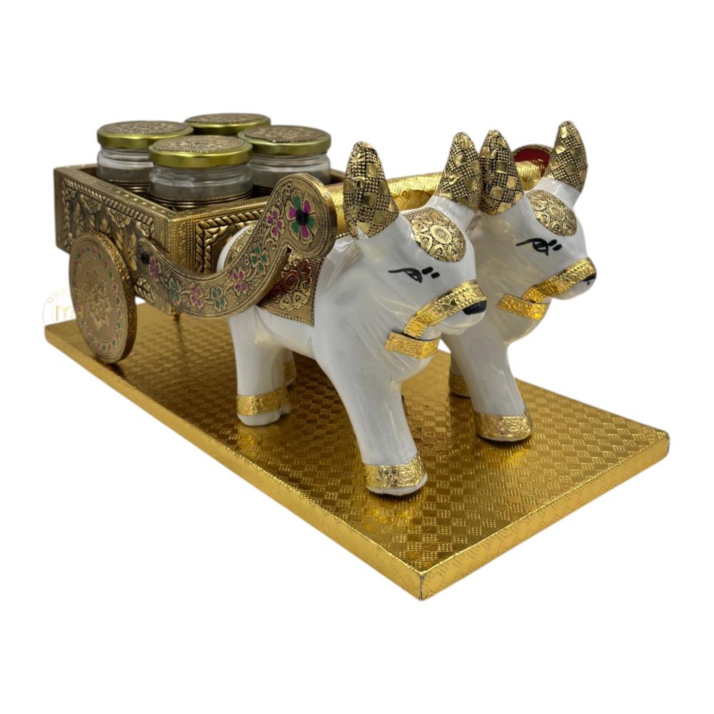 Traditional Rajasthani Handcrafted Nandi Bull Cart with 2 Dry Fruit Jars, for Gifting & Home Decor