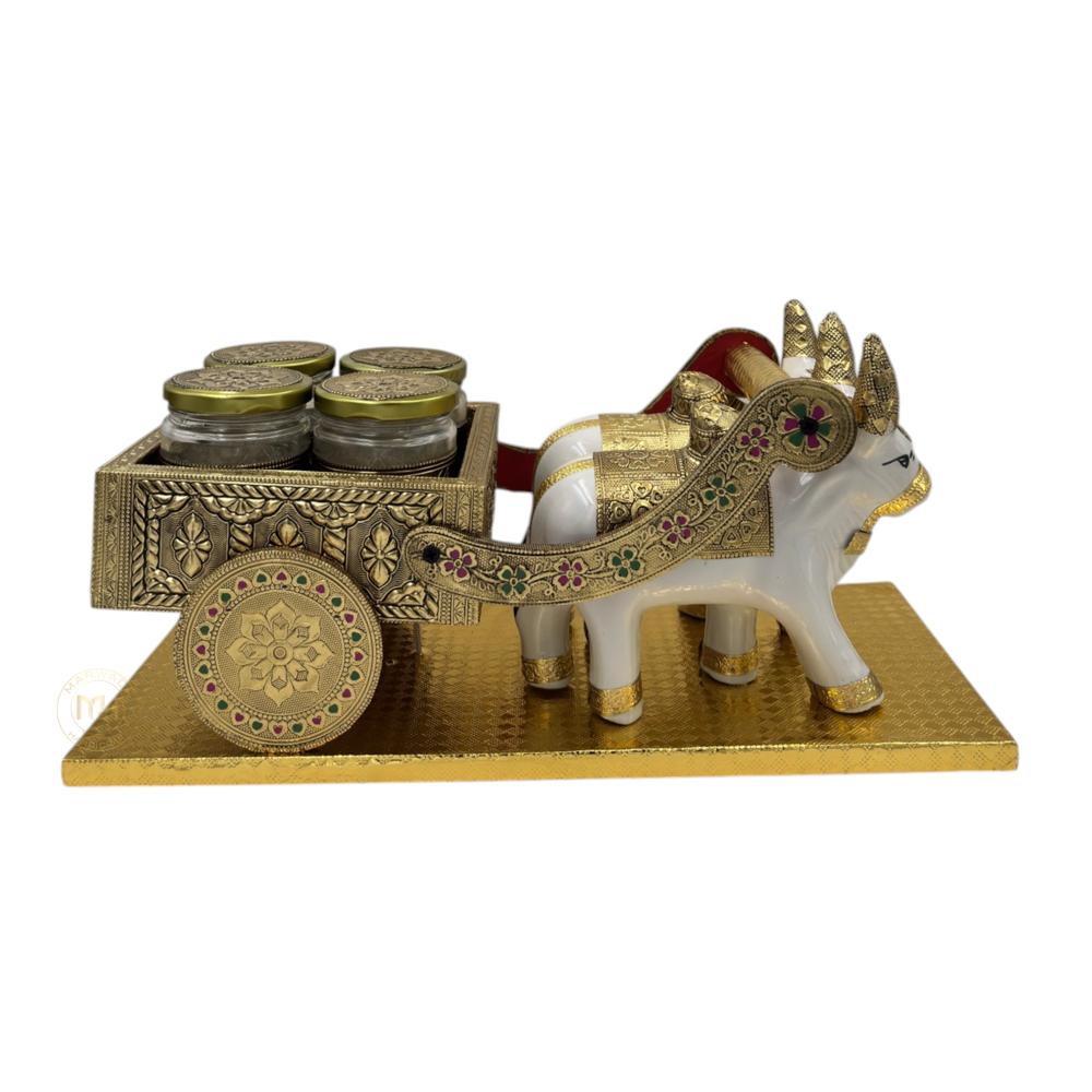 Traditional Rajasthani Handcrafted Nandi Bull Cart with 2 Dry Fruit Jars, for Gifting & Home Decor