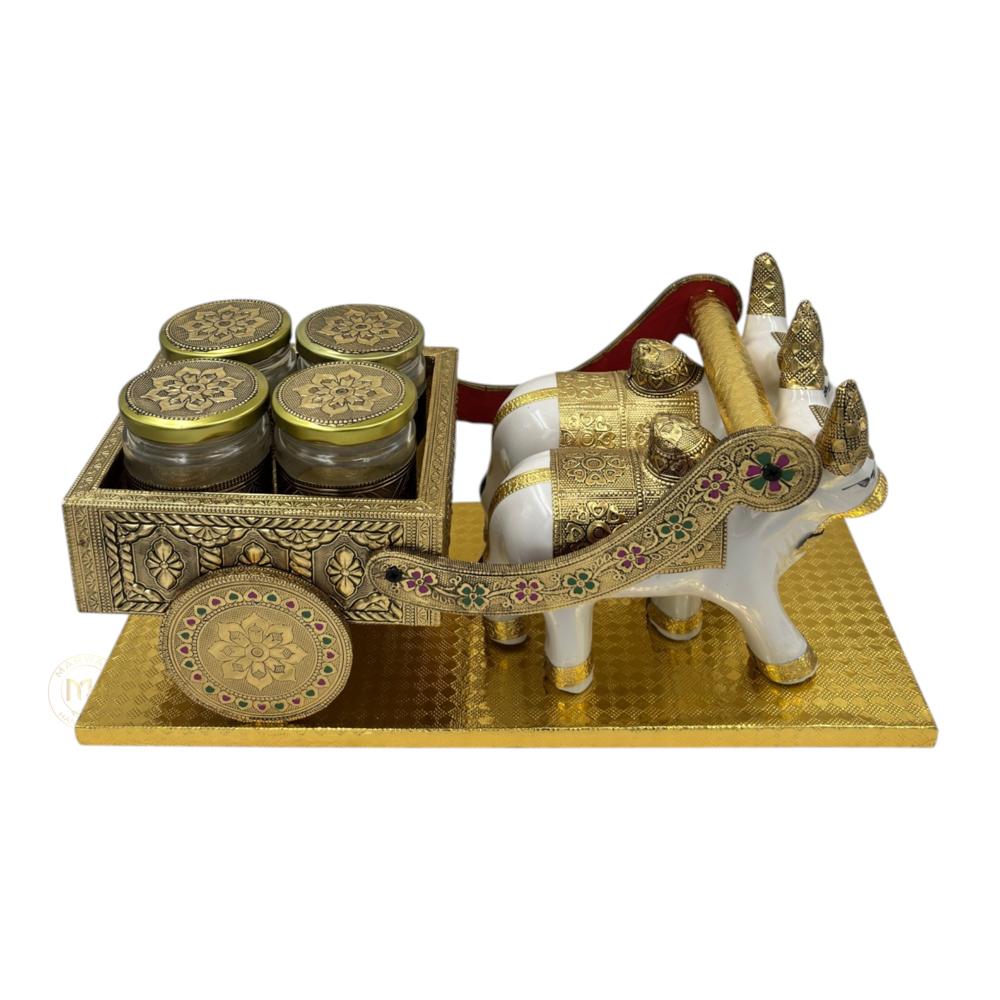 Traditional Rajasthani Handcrafted Nandi Bull Cart with 2 Dry Fruit Jars, for Gifting & Home Decor