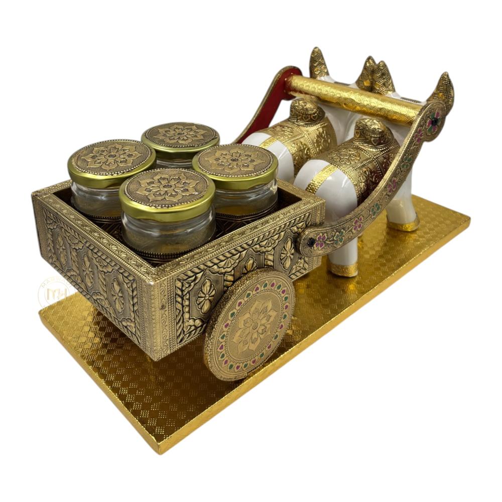 Traditional Rajasthani Handcrafted Nandi Bull Cart with 2 Dry Fruit Jars, for Gifting & Home Decor