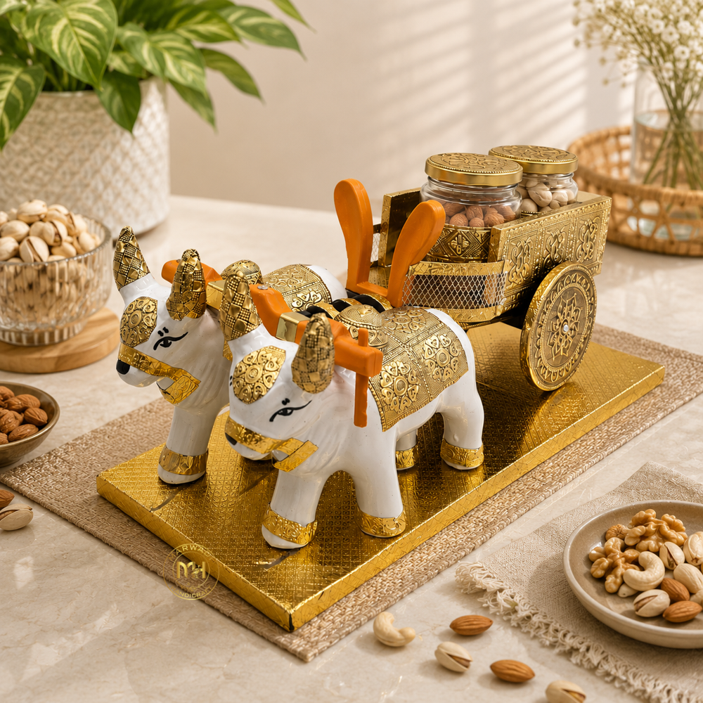 Traditional Rajasthani Handcrafted Nandi Bull Cart with 2 Dry Fruit Jars, for Gifting & Home Decor
