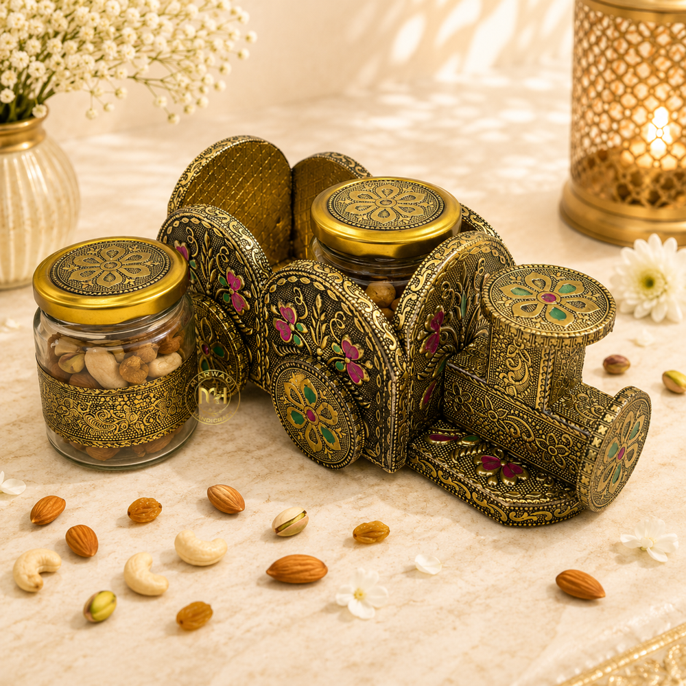 Premium 2 Dry Fruit Jar Set with Designer Meenakari Train Cart for Gifting & Home Decor