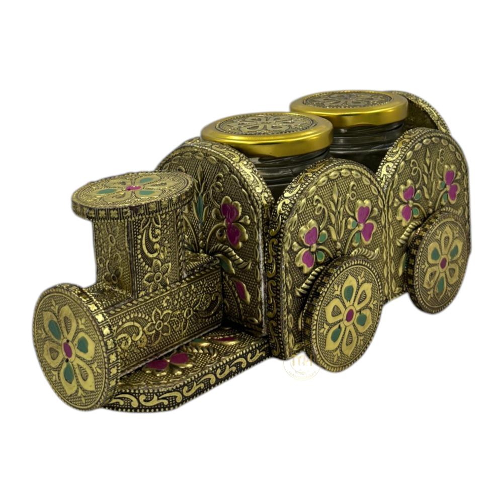 Premium 2 Dry Fruit Jar Set with Designer Meenakari Train Cart for Gifting & Home Decor