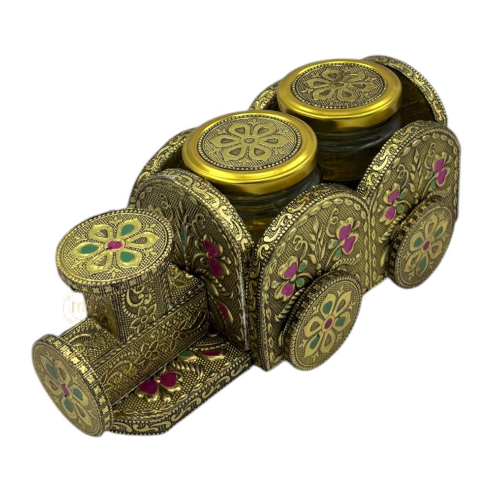 Premium 2 Dry Fruit Jar Set with Designer Meenakari Train Cart for Gifting & Home Decor