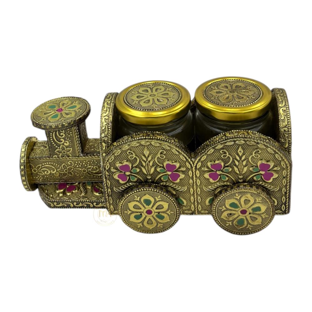 Premium 2 Dry Fruit Jar Set with Designer Meenakari Train Cart for Gifting & Home Decor
