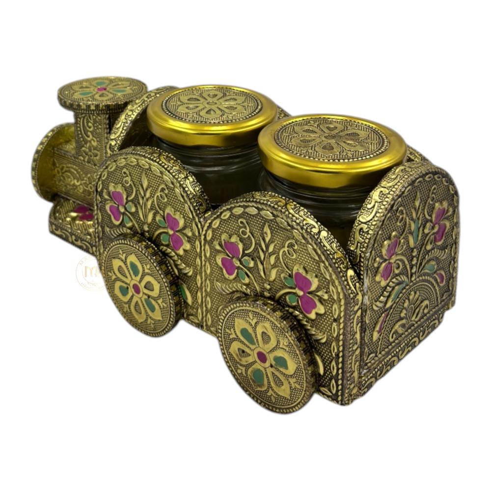 Premium 2 Dry Fruit Jar Set with Designer Meenakari Train Cart for Gifting & Home Decor