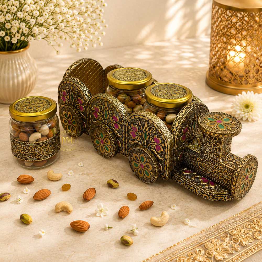 3 Dry Fruit Jar Set with Designer Meenakari Train Cart for Gifting & Home Decor