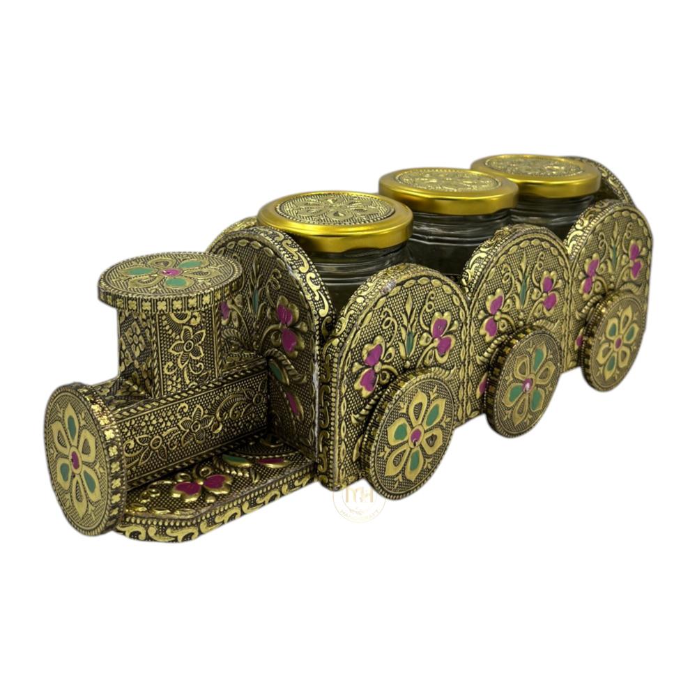 3 Dry Fruit Jar Set with Designer Meenakari Train Cart for Gifting & Home Decor