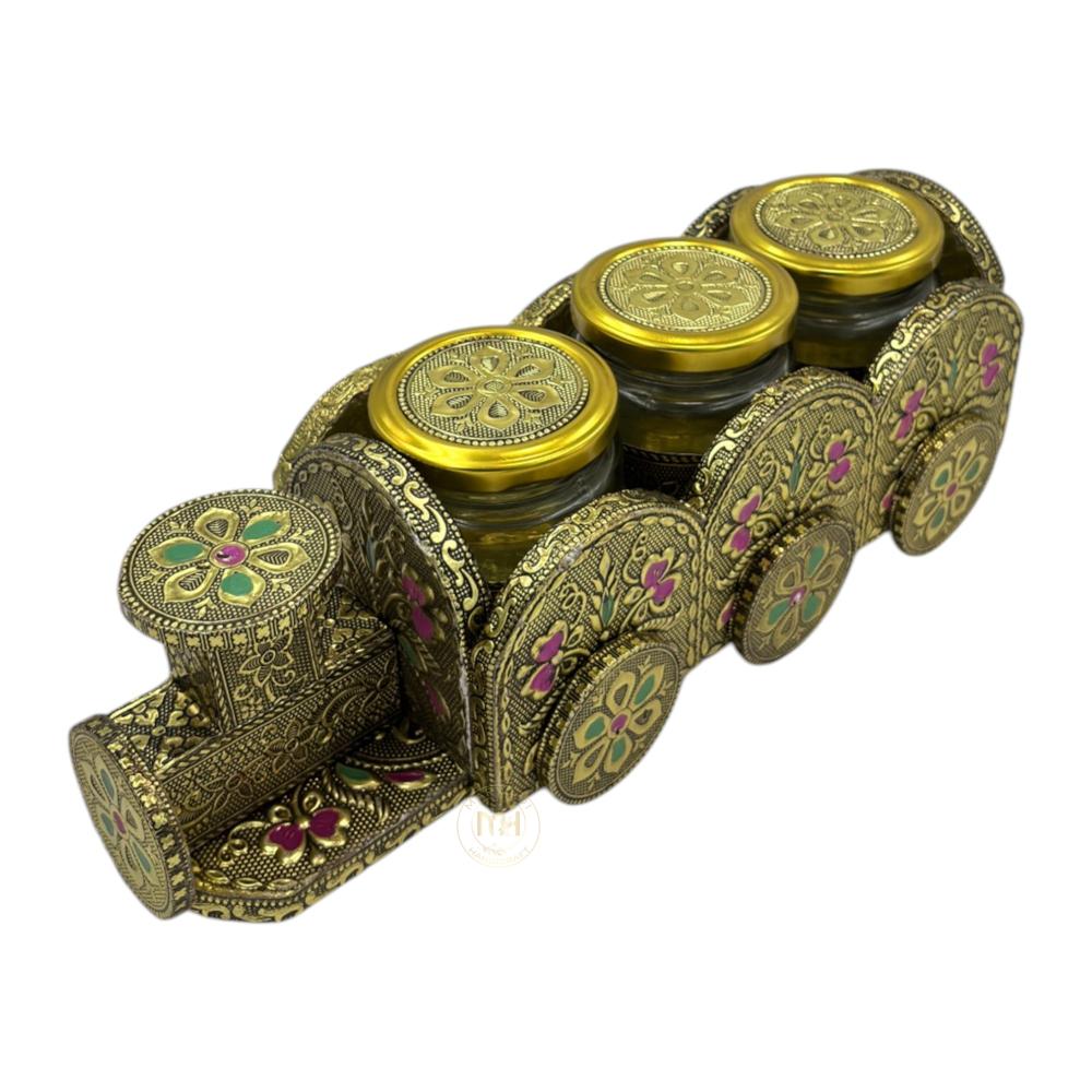 3 Dry Fruit Jar Set with Designer Meenakari Train Cart for Gifting & Home Decor