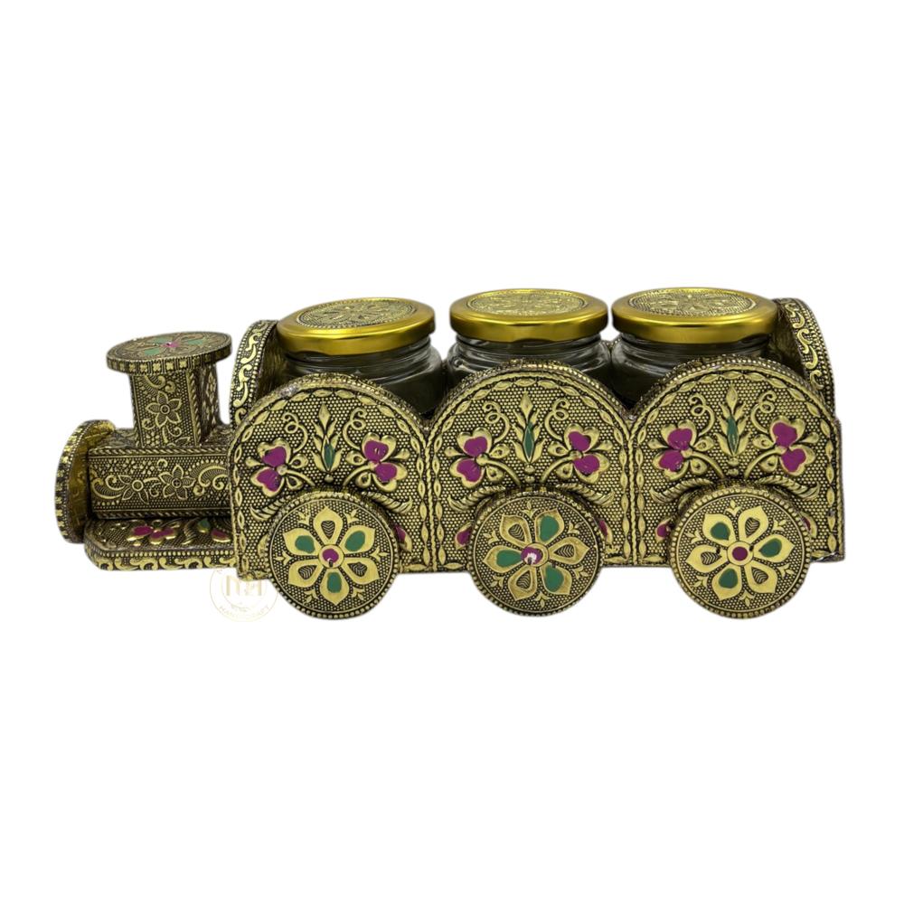 3 Dry Fruit Jar Set with Designer Meenakari Train Cart for Gifting & Home Decor