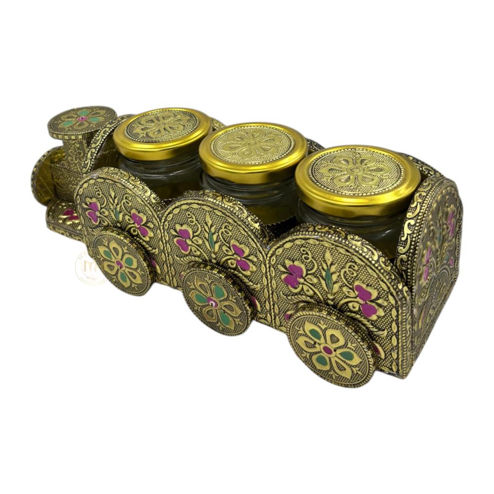 3 Dry Fruit Jar Set with Designer Meenakari Train Cart for Gifting & Home Decor