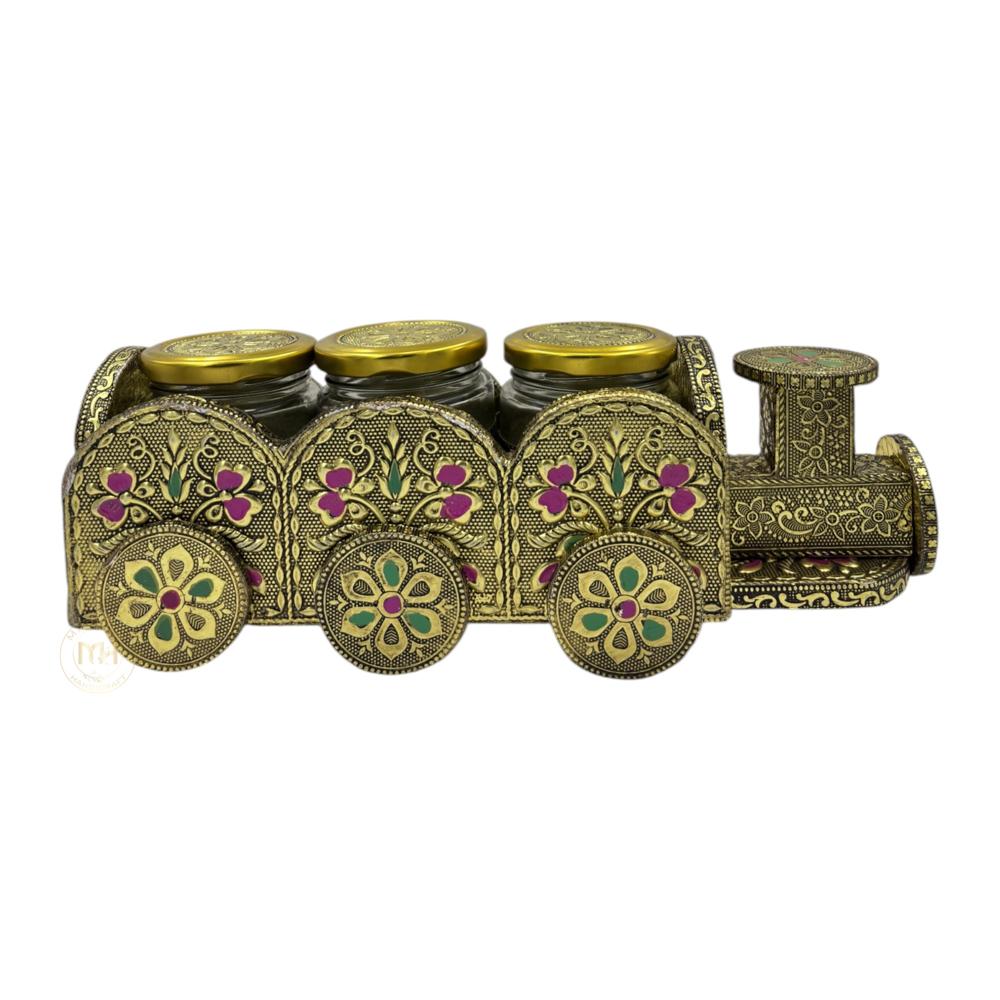 3 Dry Fruit Jar Set with Designer Meenakari Train Cart for Gifting & Home Decor