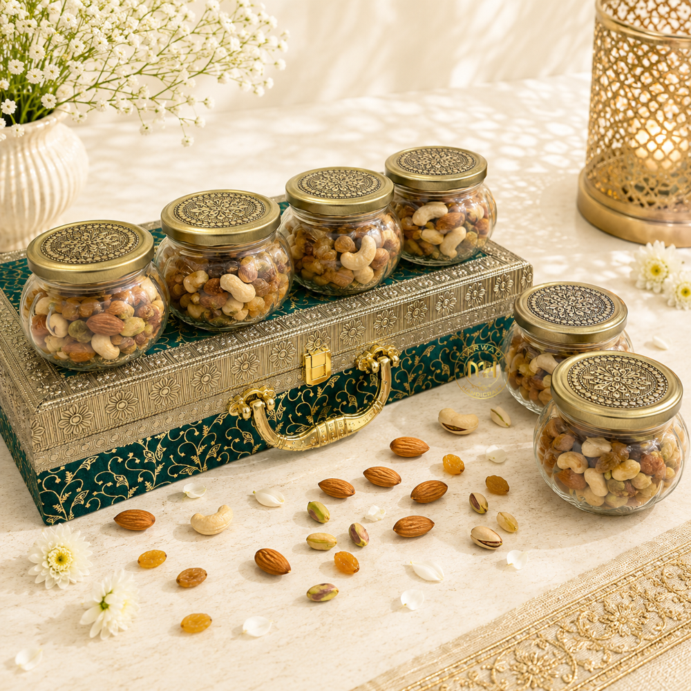 Premium 6 Dry Fruit Jar Set with Designer Meenakari Gift Box for Gifting & Home Decor