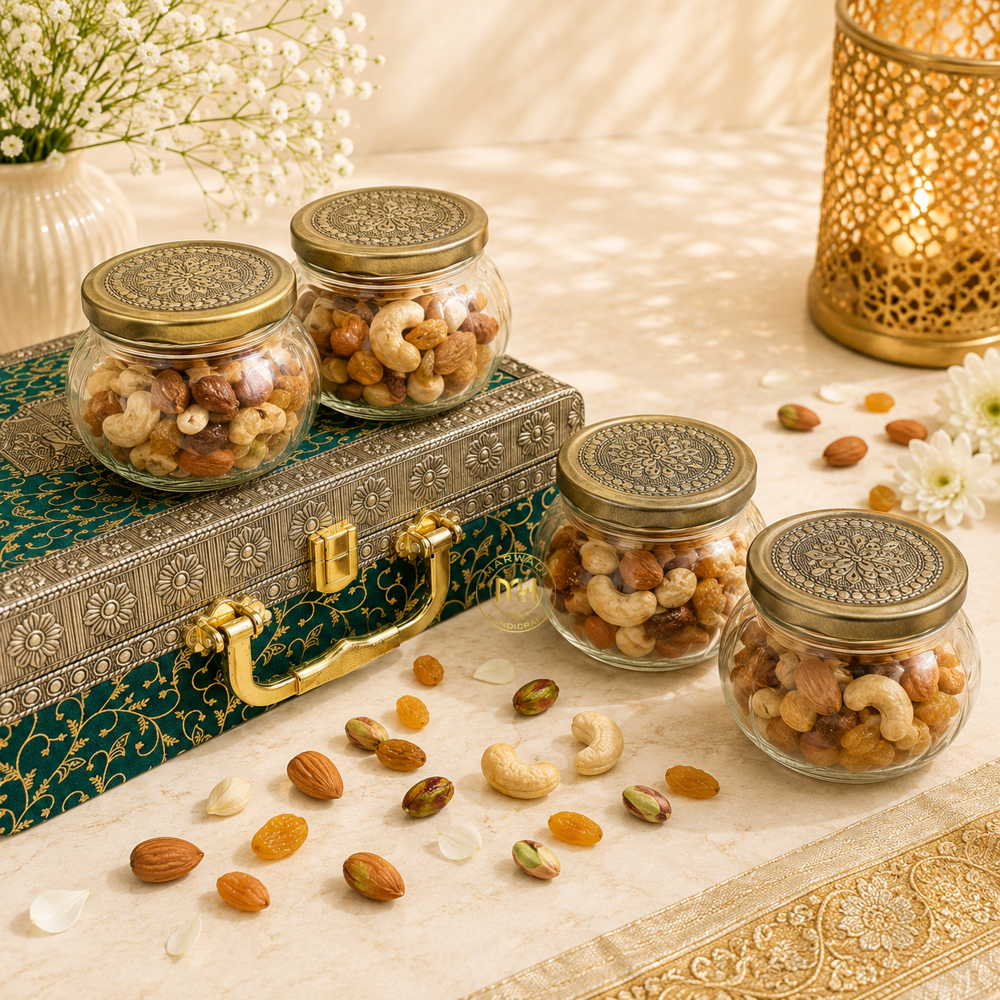 Premium 4 Dry Fruit Jar Set with Designer Meenakari Gift Box for Gifting & Home Decor